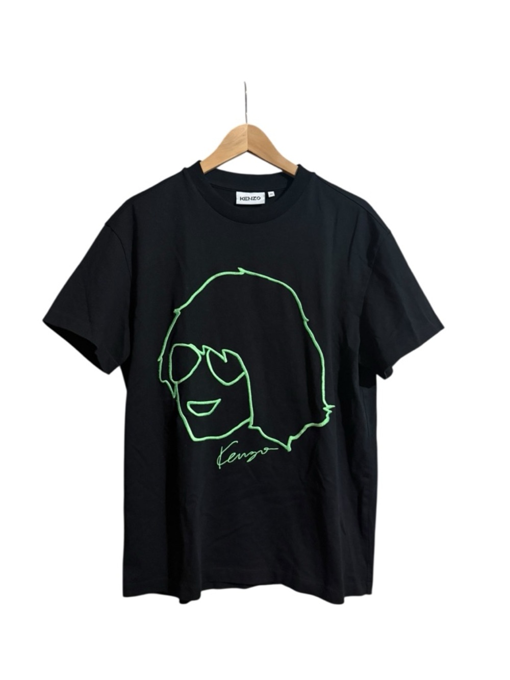 Kenzo Black Short-Sleeve Tee with Neon Green Outline Graphic
